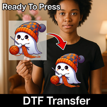 Cute Funny Halloween Knitting Ghost DTF Transfer Design for T-Shirts & Apparel - Ready To Press Iron-On Art