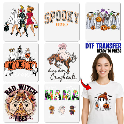 Cute Halloween DTF Transfer Iron-On Ghost Dogs & Pumpkins Funny Pet Theme Ready To Press T-Shirt Design for Dog Lovers