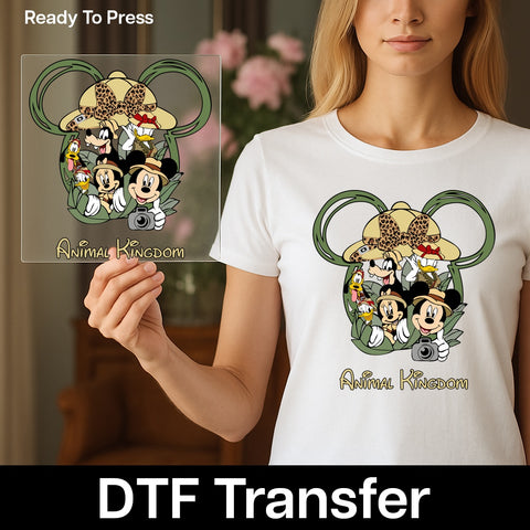 Cute Animated Safari Animal Kingdom DTF Transfer for Family Matching Theme Park Adventure, Ready to Press