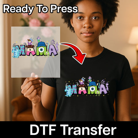 Cute Monsters MAMA DTF Transfer Ready to Press Iron-On for Family Movie Shirt - Perfect for Moms - Cartoon Character Tee