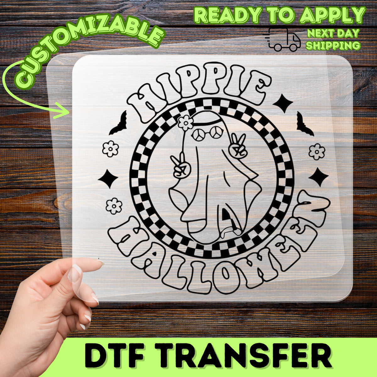 Cute Hippie Halloween Ghost DTF Transfer, Peace Sign Character, Ready To Press Retro Design for Group T-Shirts & Sweatshirts