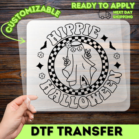Cute Hippie Halloween Ghost DTF Transfer, Peace Sign Character, Ready To Press Retro Design for Group T-Shirts & Sweatshirts