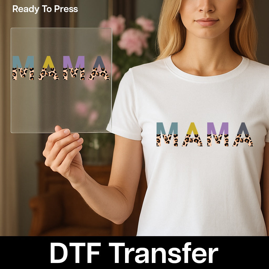 Fashionable Leopard Print MAMA DTF Transfer for Mother's Day Shirt, Trendy Iron-On Design, Ready to Press Apparel for Stylish Moms