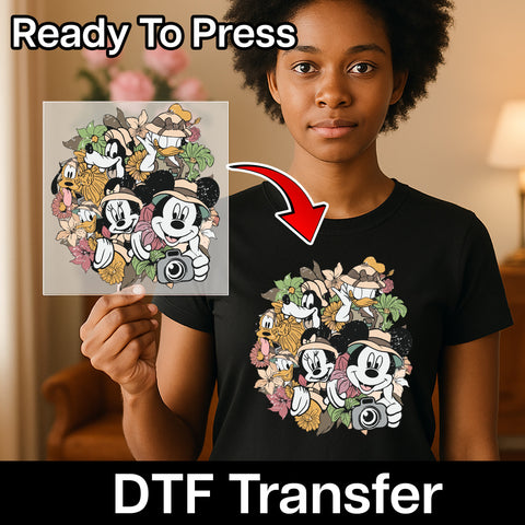 Cute Safari Adventure DTF Transfer Ready To Press Retro Character Shirt for Family Group Celebrations