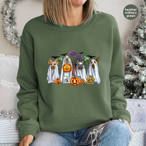 Cute Halloween DTF Transfer Iron-On Ghost Dogs & Pumpkins Funny Pet Theme Ready To Press T-Shirt Design for Dog Lovers