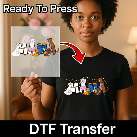 Cute Cat Mama DTF Transfer for Mother's Day - Ready To Press Iron-On Whimsical Cat Lover T-Shirt or Sweatshirt for Family