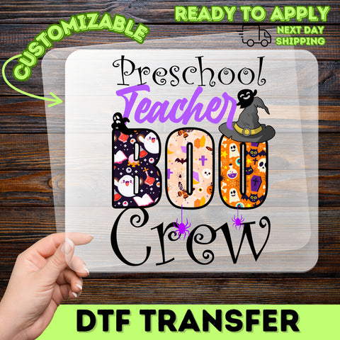 Cute Halloween Teacher Boo Crew DTF Transfer, Preschool Teacher Shirt Design, Ready To Press Iron-On for Halloween Apparel