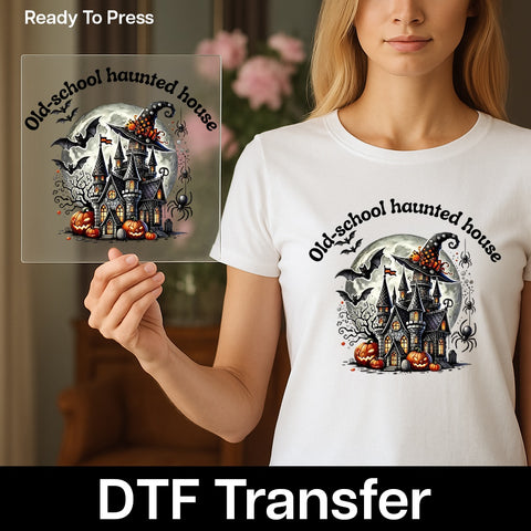 Iron-On Cute Haunted Castle DTF Transfer for Halloween Party T-Shirt, Ready To Press Spooky Season Apparel Design
