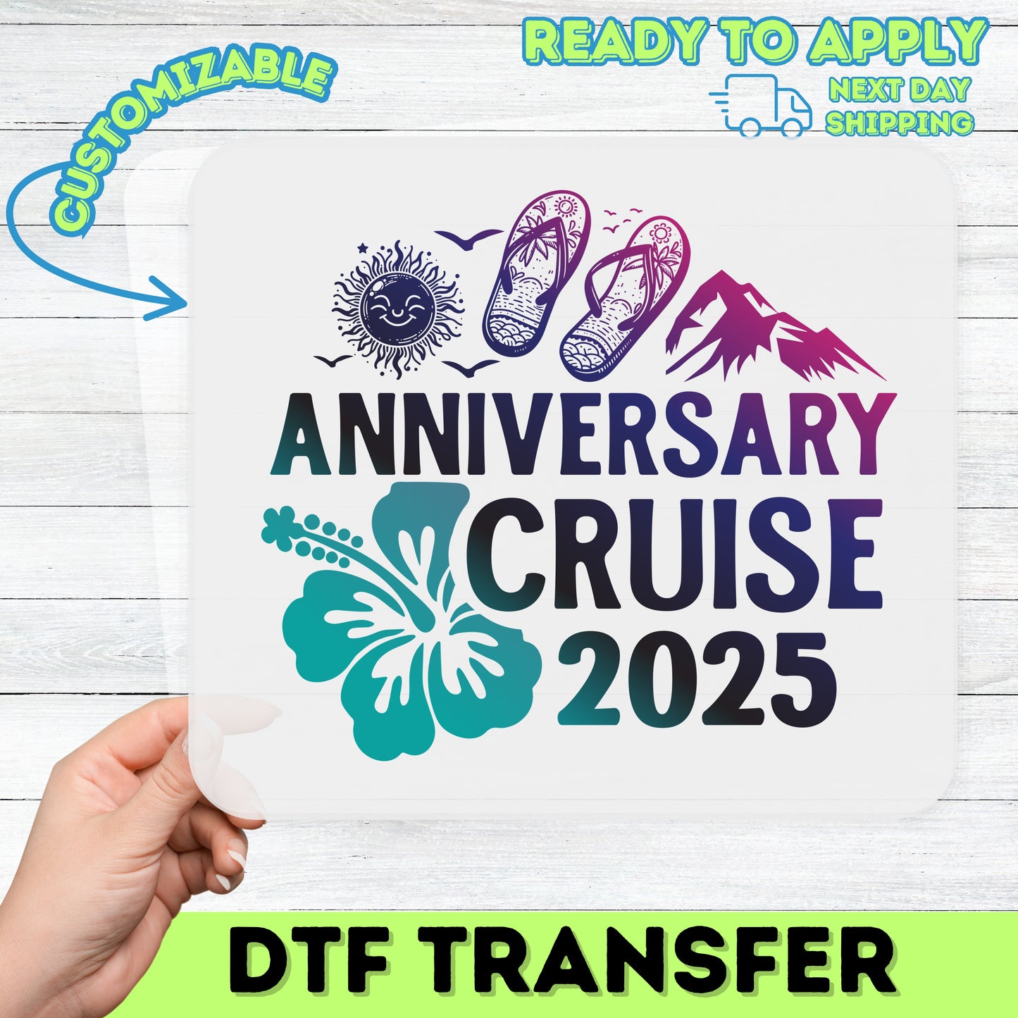 Anniversary Cruise 2025 ready to press DTF transfer for couples t-shirts & tropical celebration apparel