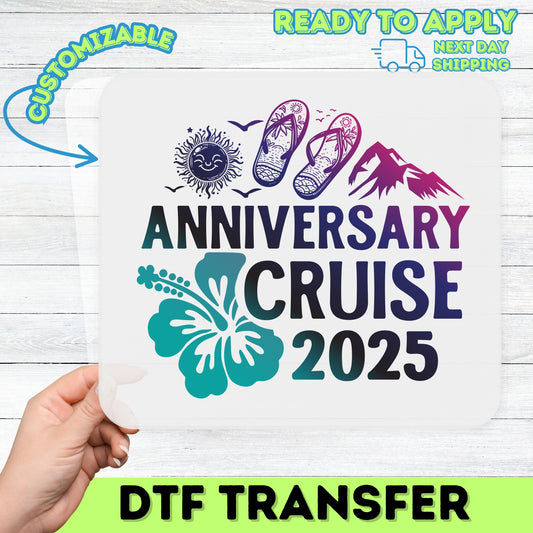 Anniversary Cruise 2025 ready to press DTF transfer for couples t-shirts & tropical celebration apparel
