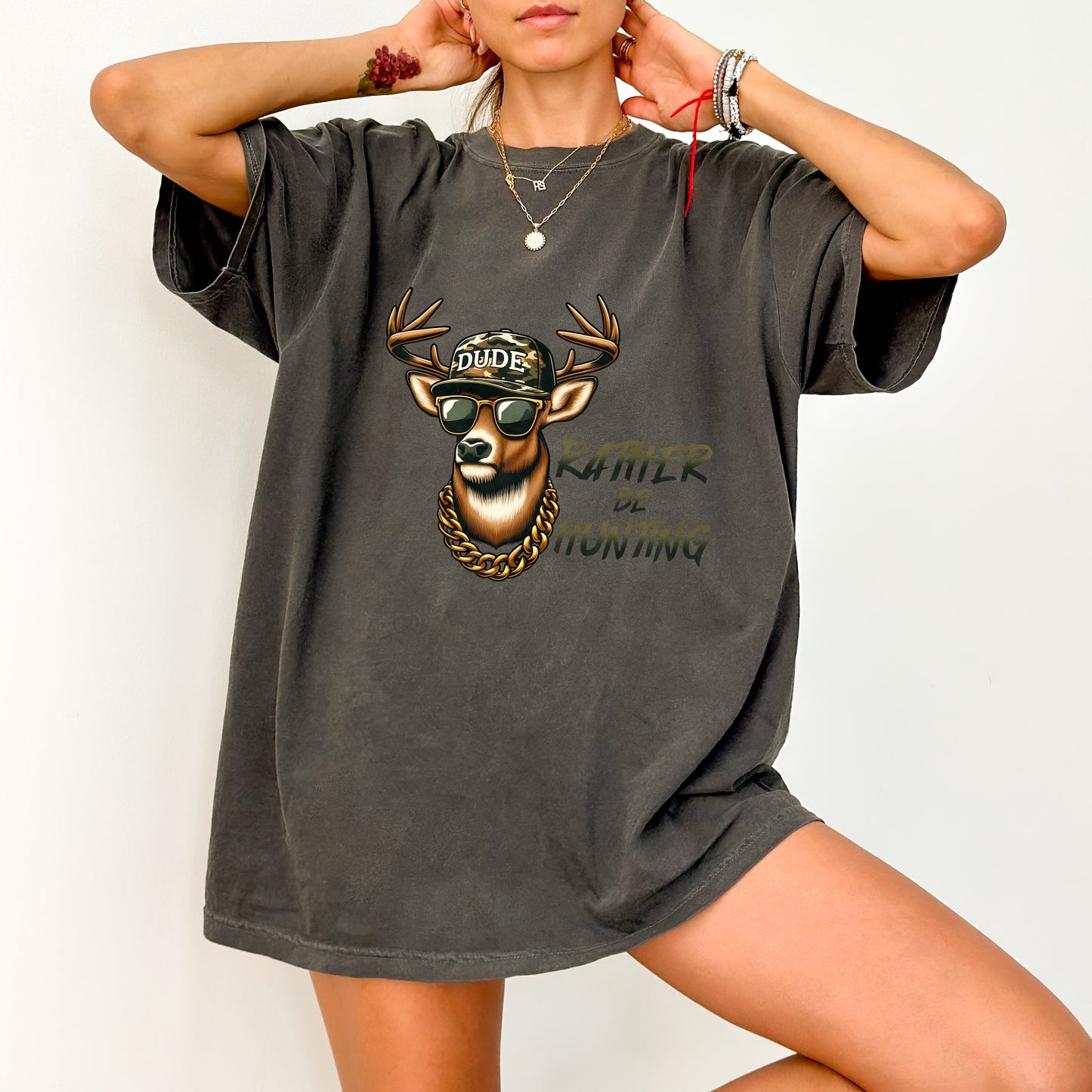 Funny Deer with Camo Hat & Gold Chain DTF Transfer - Hunting Themed Iron-On for Outdoor Enthusiasts Apparel