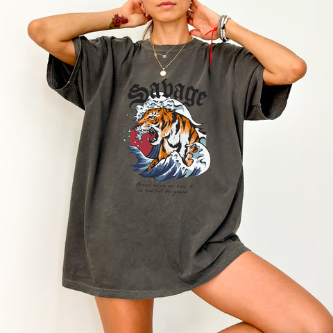 Savage Tiger & Waves Adventure Graphic DTF Transfer for Bold Apparel & Sports Teams, Ready To Press Tattoo Style
