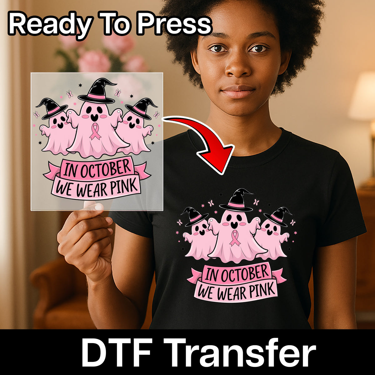 Cute Ghosts with Witch Hats & Pink Ribbon DTF Transfer for Halloween Breast Cancer Awareness Shirts