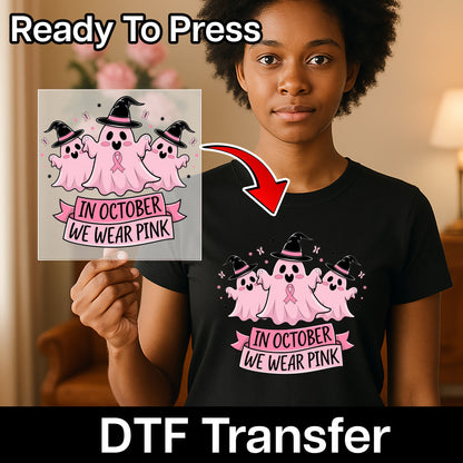 Cute Ghosts with Witch Hats & Pink Ribbon DTF Transfer for Halloween Breast Cancer Awareness Shirts