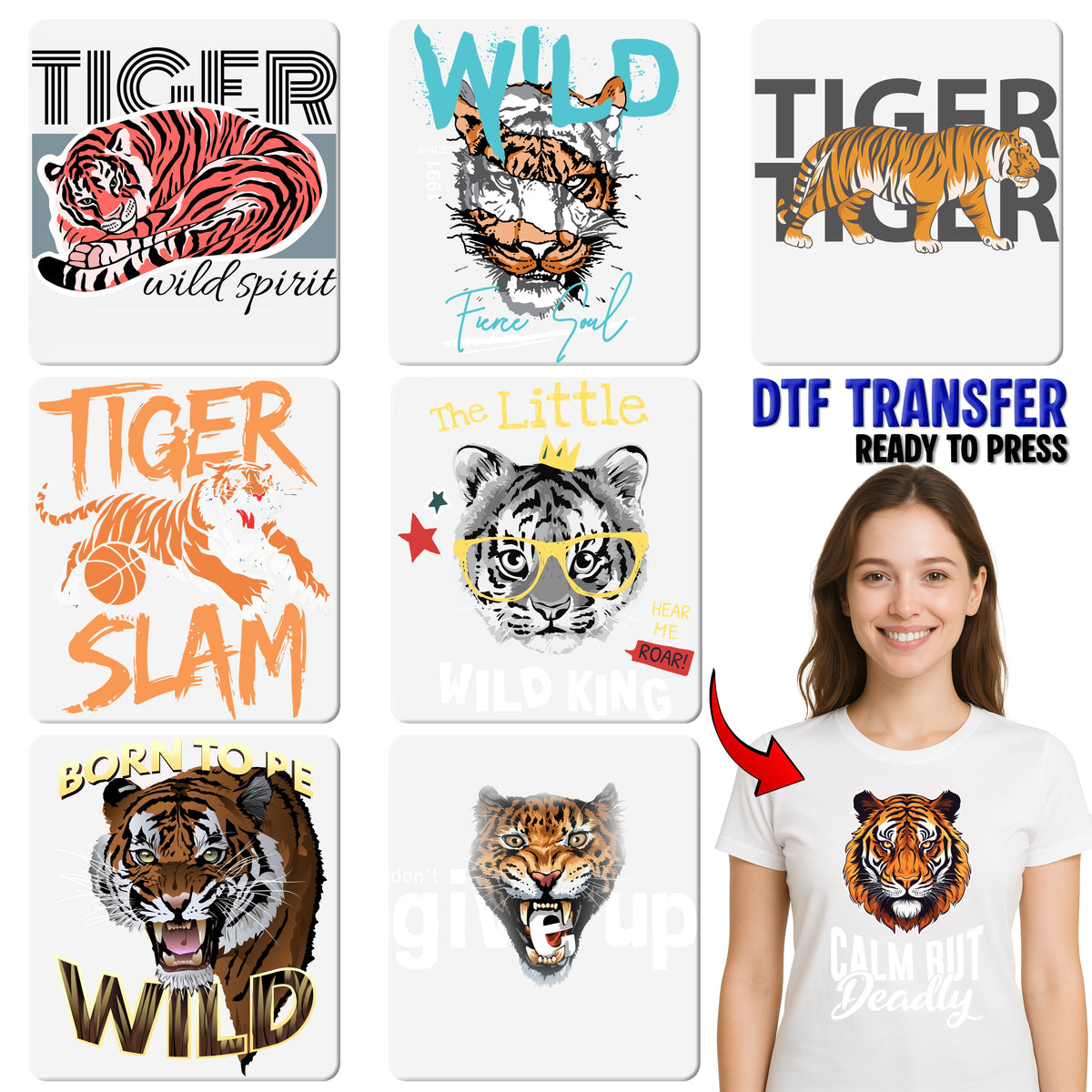 Iron-On Animal Strength & Empowerment Tiger DTF Transfer for Adventure Apparel & Wildlife Lovers Shirts