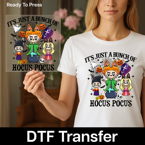Cute Halloween Cartoon Witch & Spooky Motif DTF Transfer for Apparel - Family & Party Ready Iron-On Design