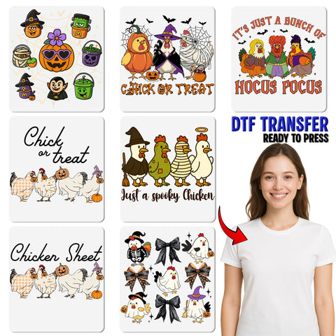 Funny Halloween Farm Animal DTF Transfer for T-shirt with Witch, Zombie, Mummy Chickens & More Humor