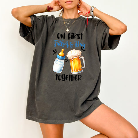 Funny Father’s Day dtf transfer Ready To Press Iron-On, Baby Bottle & Beer Mug Cartoon for Dads, New Dad T-shirt or Sweatshirt Gift