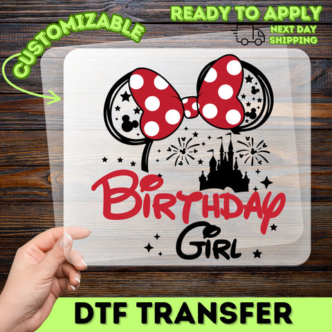 Cute Birthday DTF Transfer for Family T-shirt with Disney-Inspired Red & White Polka Dot Bow