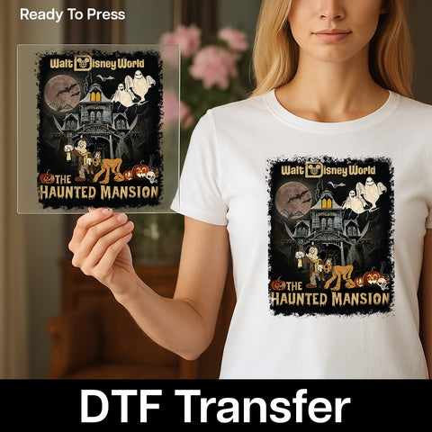 Disney Halloween Haunted Mansion DTF Transfer Spooky Cartoon Ready To Press Retro Shirt Apparel for Family Trip