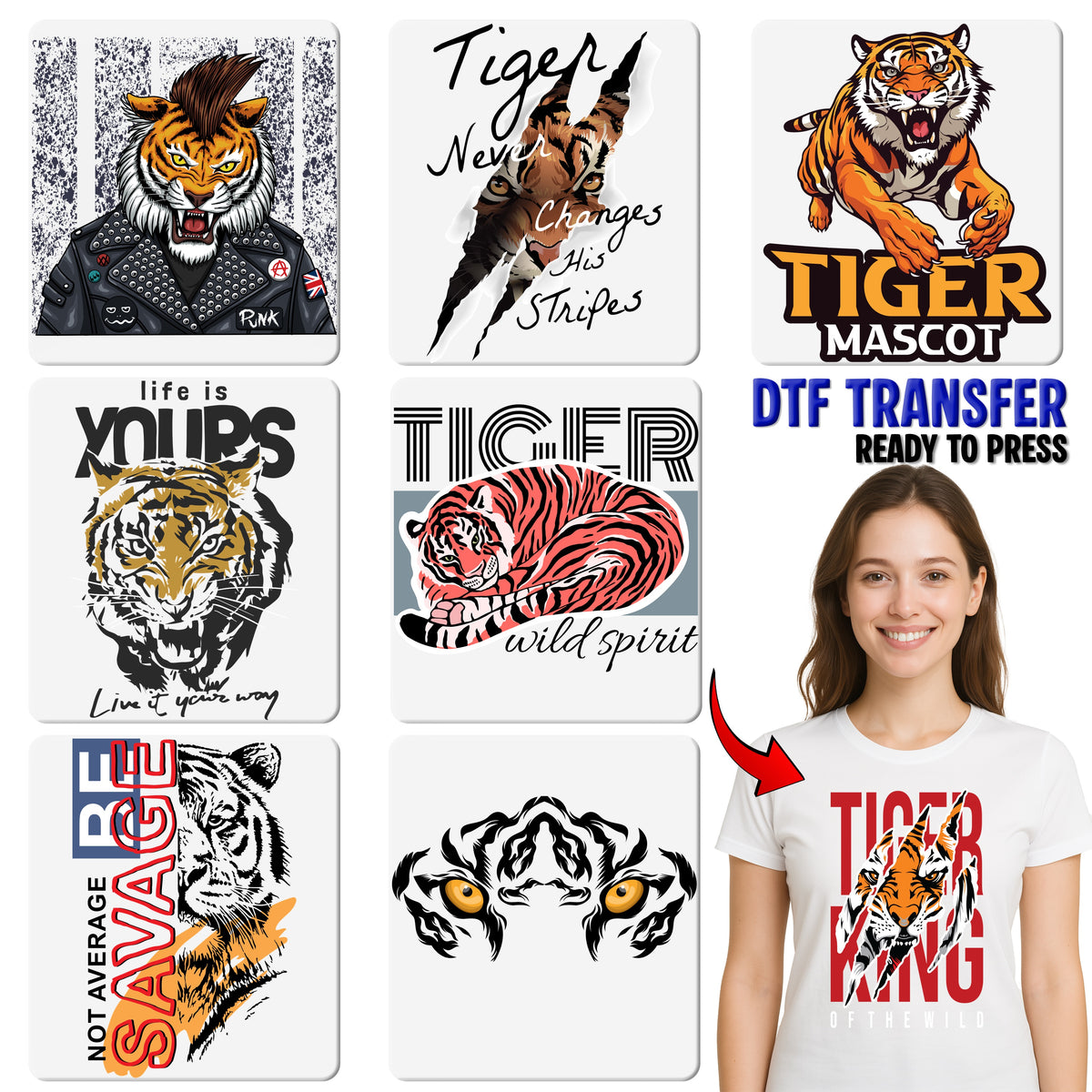 Edgy Punk Tiger DTF Transfer for Animal Lovers T-Shirt & Streetwear Festival Apparel