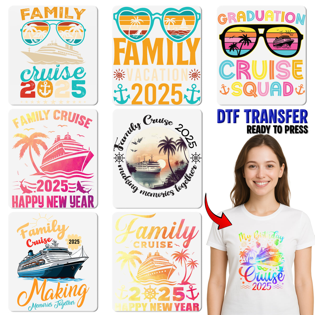 Cruise Crew 2025 Nautical Ready To Press DTF Transfer, Family Vacation Iron-On T-shirt for Group Travel