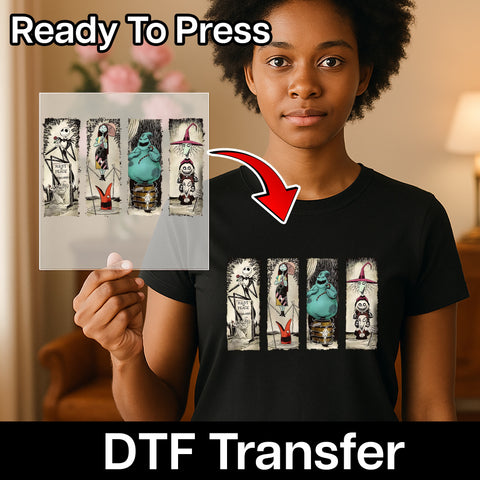 Cute Halloween DTF Transfer Gothic Movie Characters Iron-On, Dark Art Ready To Press for Group Party Apparel T-Shirt