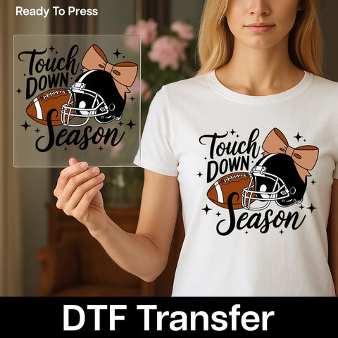 Cute Football Season DTF Transfer for Women's Shirt - Touch Down Season with Bow & Helmet Ready To Press Iron-On Apparel