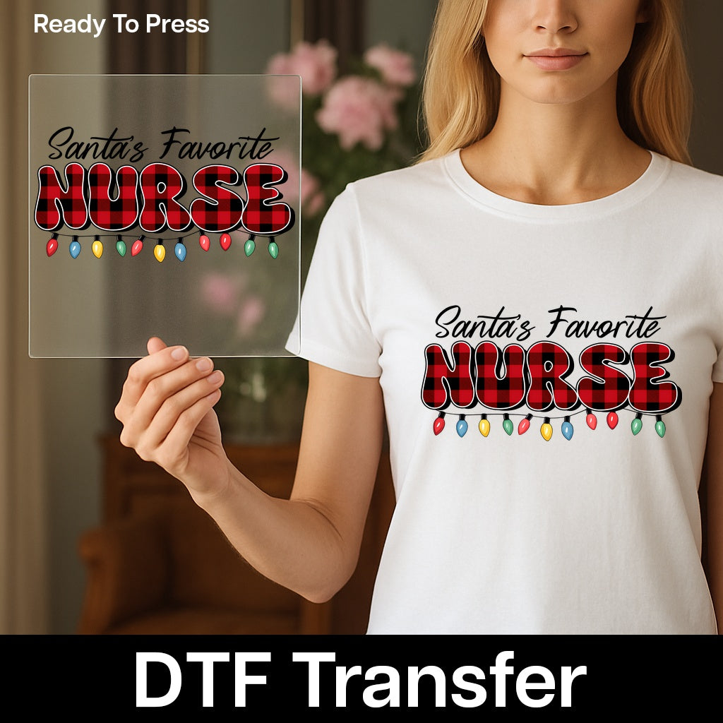 Retro Holiday Nurse DTF Transfer Cute Buffalo Plaid & Lights Ready To Press Christmas for Nursing T-shirt Apparel