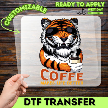 Funny Tiger Coffee DTF Transfer for Apparel, Quirky Animal Humor Ready To Press Iron-On, Perfect for T-Shirts, Coffee Lovers Gift