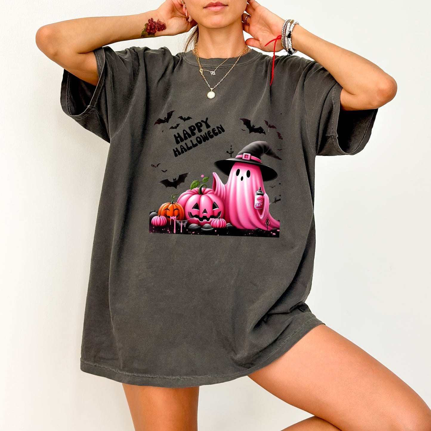 Cute Retro Pink Halloween DTF Transfer for Ghost Spraying T-Shirt & Sweatshirt, Fun Party Apparel, Iron-On for Festive Groups