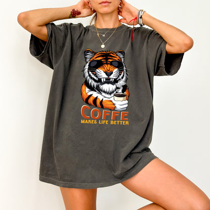 Tiger Wearing Sunglasses Coffee DTF Transfer Ready To Press Funny Coffee Lover T-Shirt Animal Humor Tee Gift