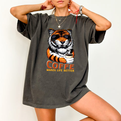 Tiger Wearing Sunglasses Coffee DTF Transfer Ready To Press Funny Coffee Lover T-Shirt Animal Humor Tee Gift