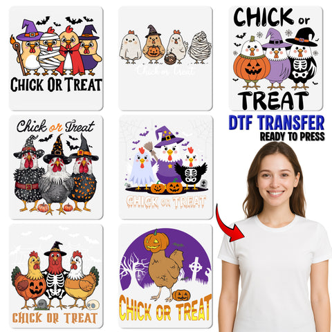 Iron-On Funny Halloween Chick or Treat DTF Transfer for T-Shirts & Apparel - Cute Witch Chicken Ready To Press Design