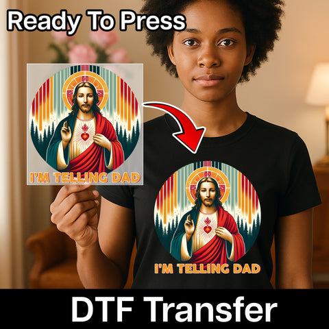 Funny Iron-On Religious Humor DTF Transfer - I'm Telling Dad Retro Apparel for Family & Friends Tee