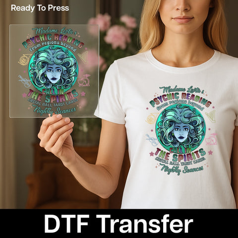 Mystical Gothic Psychic Reading Halloween Madame Leota DTF Transfer for Witchy Tarot Enthusiasts & Spooky Apparel