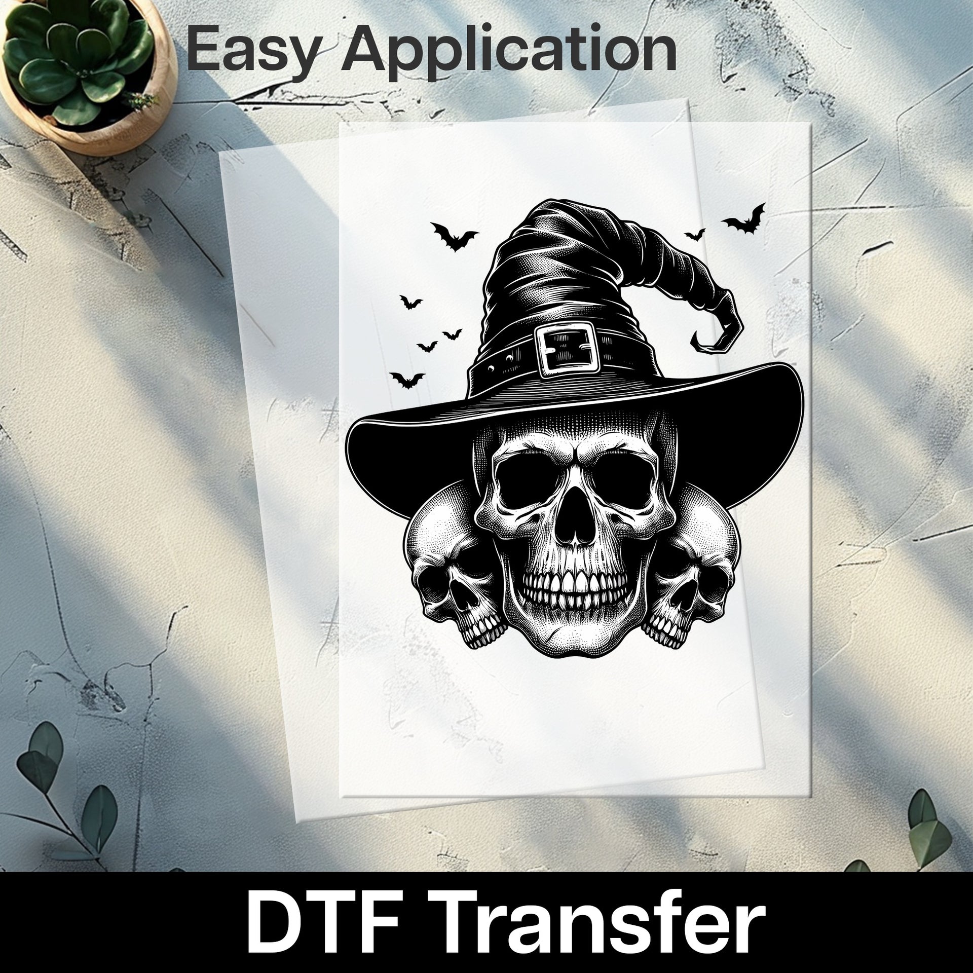 Gothic Halloween Skull Witch Hat & Bats DTF Transfer for Apparel - Ready to Press Iron-On for Spooky Occult Shirts