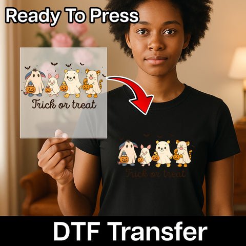 Cute Halloween Ghost Costume DTF Transfer for Family & Kids Trick or Treat Shirt, Ready To Press Pumpkin Iron-On Design