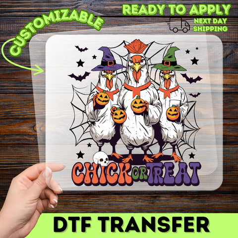 Funny Halloween Chick or Treat DTF Transfer for Chicken Lover T-Shirts & Party Apparel
