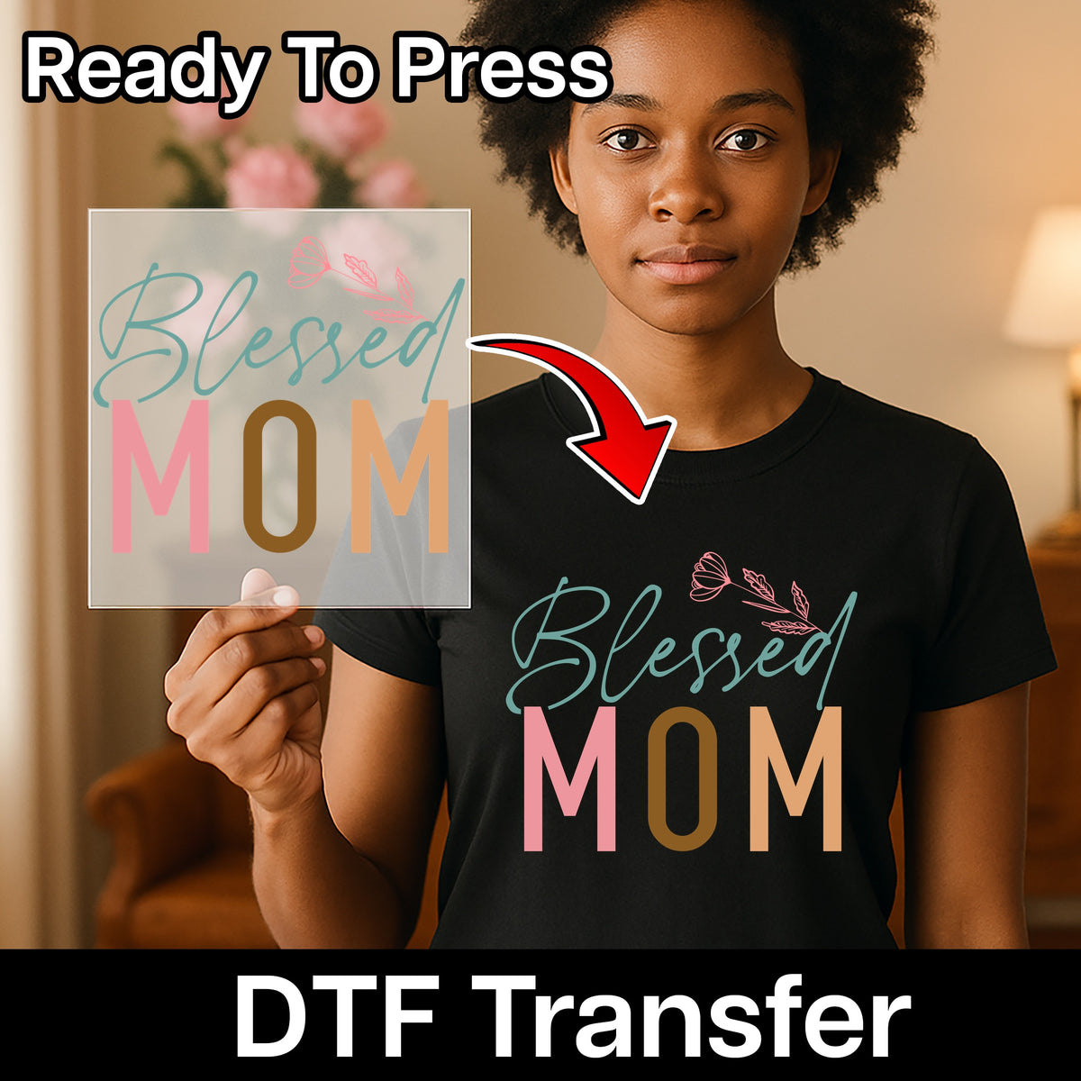 Mother's Day Blessed MOM DTF Transfer Ready To Press Floral Design for T-shirt & Apparel Gift for Moms