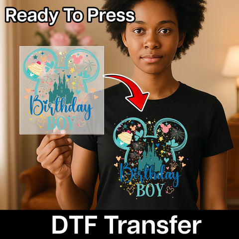 Birthday Boy Cute Magical Castle & Mickey Ears DTF Transfer for Kids Apparel, Ready To Press for Disney Theme Celebration