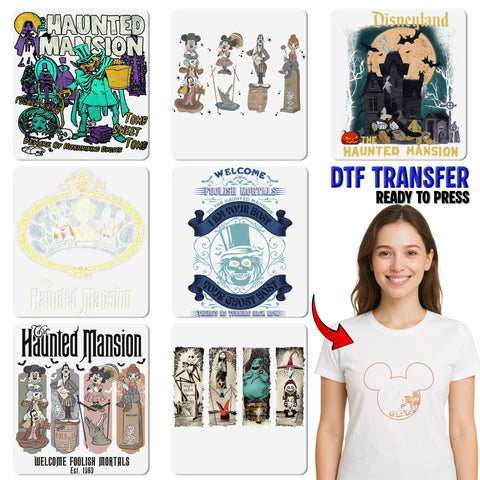 Haunted Mansion Halloween DTF Transfer | Funny Gothic Teal & Violet Iron-On for Family Apparel