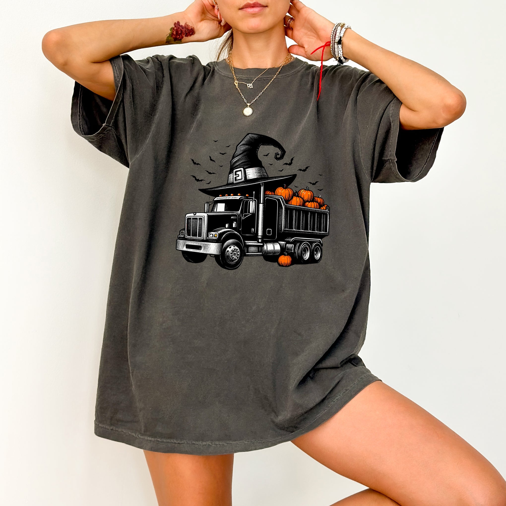 Funny Halloween Truck DTF Transfer | Ready to Press Pumpkin Patch Big Rig Shirt | Cute Witch Hat Vintage Apparel for Halloween Lovers