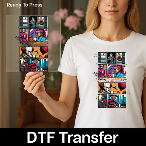 Spooky & Humorous Halloween DTF Transfer for Horror Lovers - Retro Comic Coffee Theme for Shirts & Hoodies
