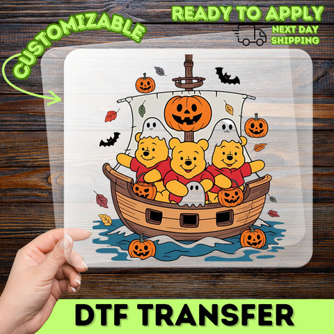 Cute Halloween Bears in Boat DTF Transfer Iron-On | Ready To Press Halloween T-Shirt Transfer for Family Fun & Disney Fans
