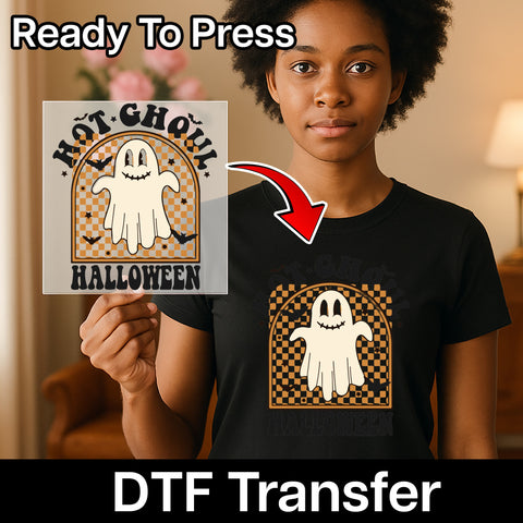 Cute ghost funny Halloween DTF transfer, retro playful ghost apparel for young adults, ready to press for Halloween shirts