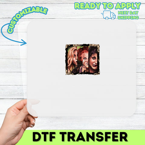 Funny Witch-Themed Female Trio DTF Iron-On Transfer for Halloween Apparel, Ready to Press Leopard Print Design for Women's Shirts