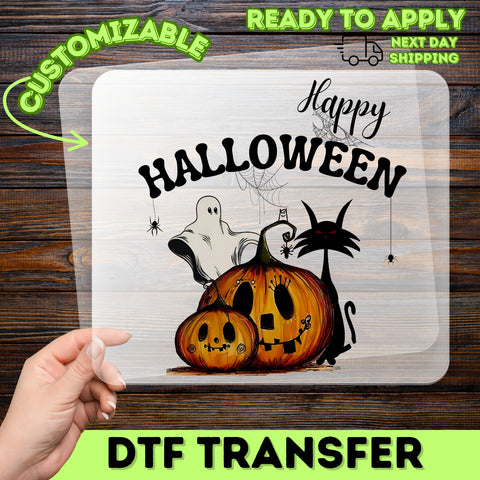 Cute Halloween Jack-o'-lantern Ghost & Black Cat DTF Transfer Ready To Press for Family Shirts
