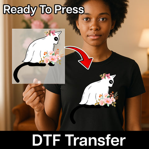 Cute Whimsical Cat Silhouette Floral DTF Transfer for Women & Teens Apparel, Iron-On Ready to Press Nature-Inspired T-Shirt