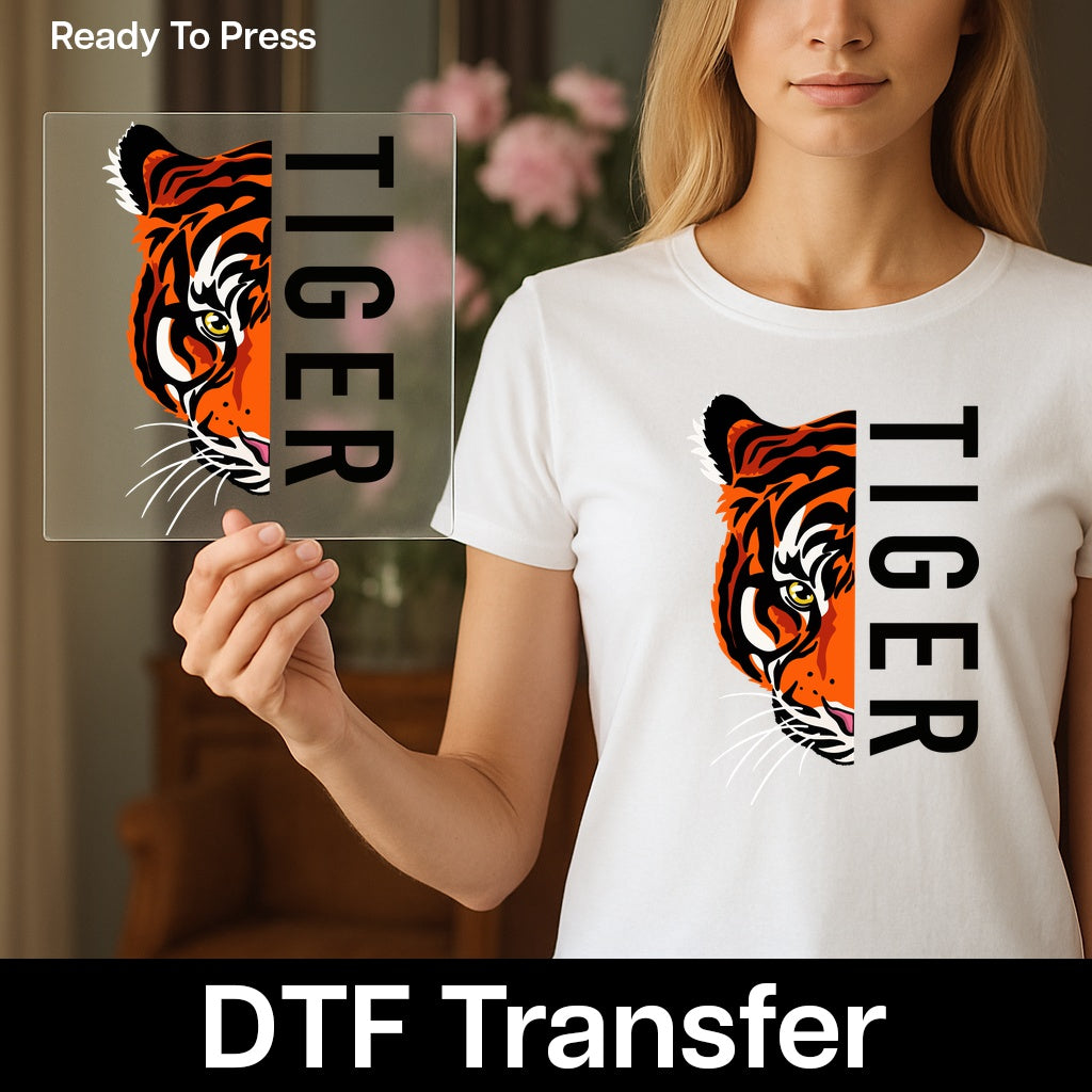 Fierce Tiger Face DTF Transfer, Ready To Press Wildlife Theme for Animal Lover Apparel, Bold Jungle Nature T-Shirt Design